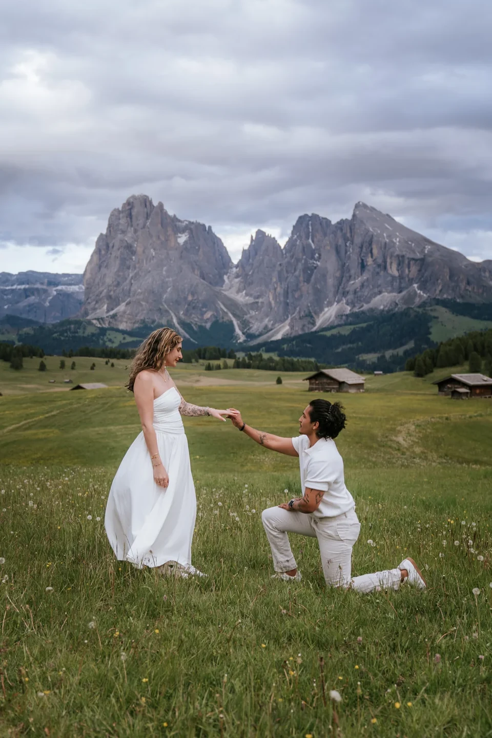 Dancing on the Alpe di Siusi meadow, the Sassolungo behind